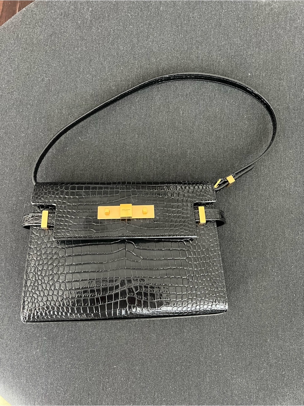 Yves Saint Laurent YSL Black Croc-Embossed Small Manhattan Shoulder Bag